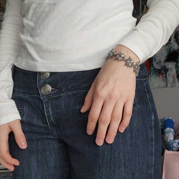 Vintage silver fairy flower chainmail chunky silver bracelet - Picture 5 of 10